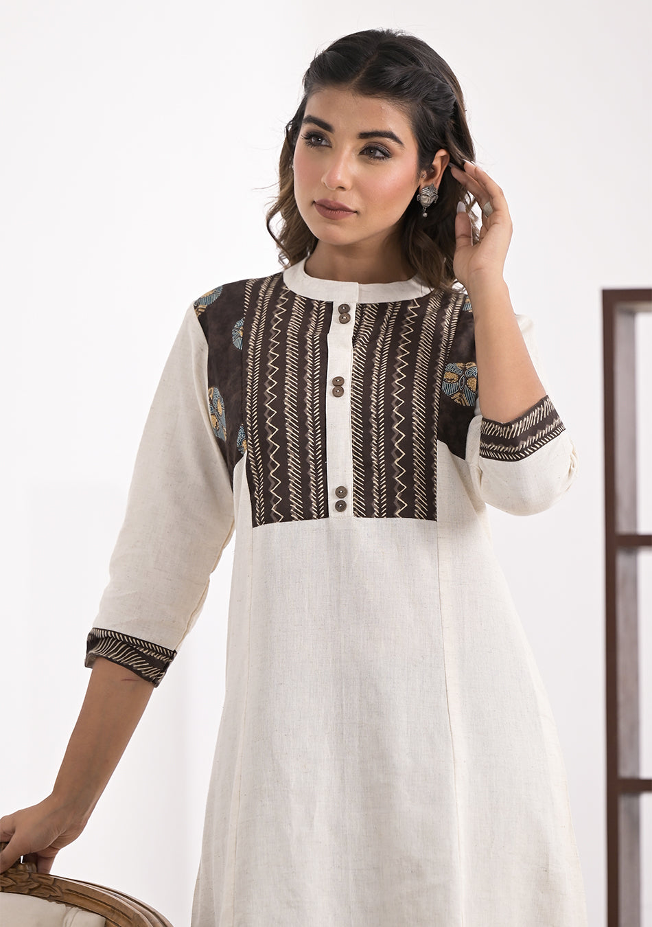 Cream Solid Kurta with Patchwork
