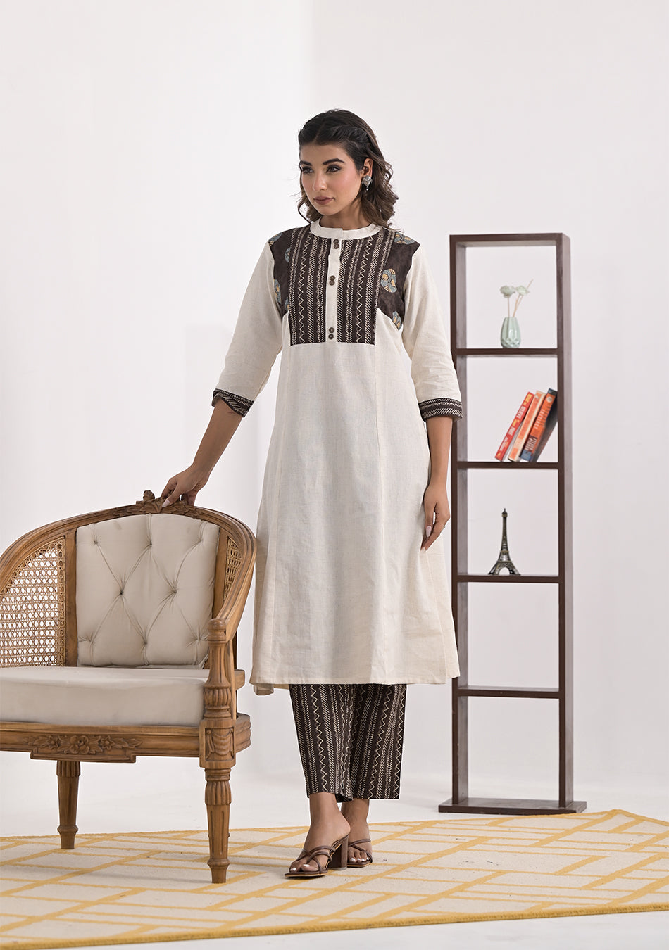 Cream Solid Kurta with Patchwork