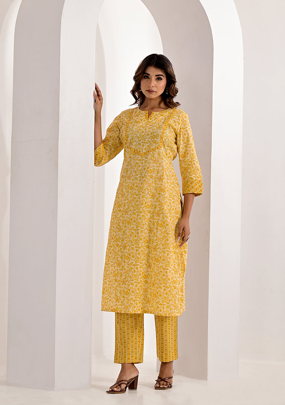Lemon Floral Printed Kurta Pant Set
