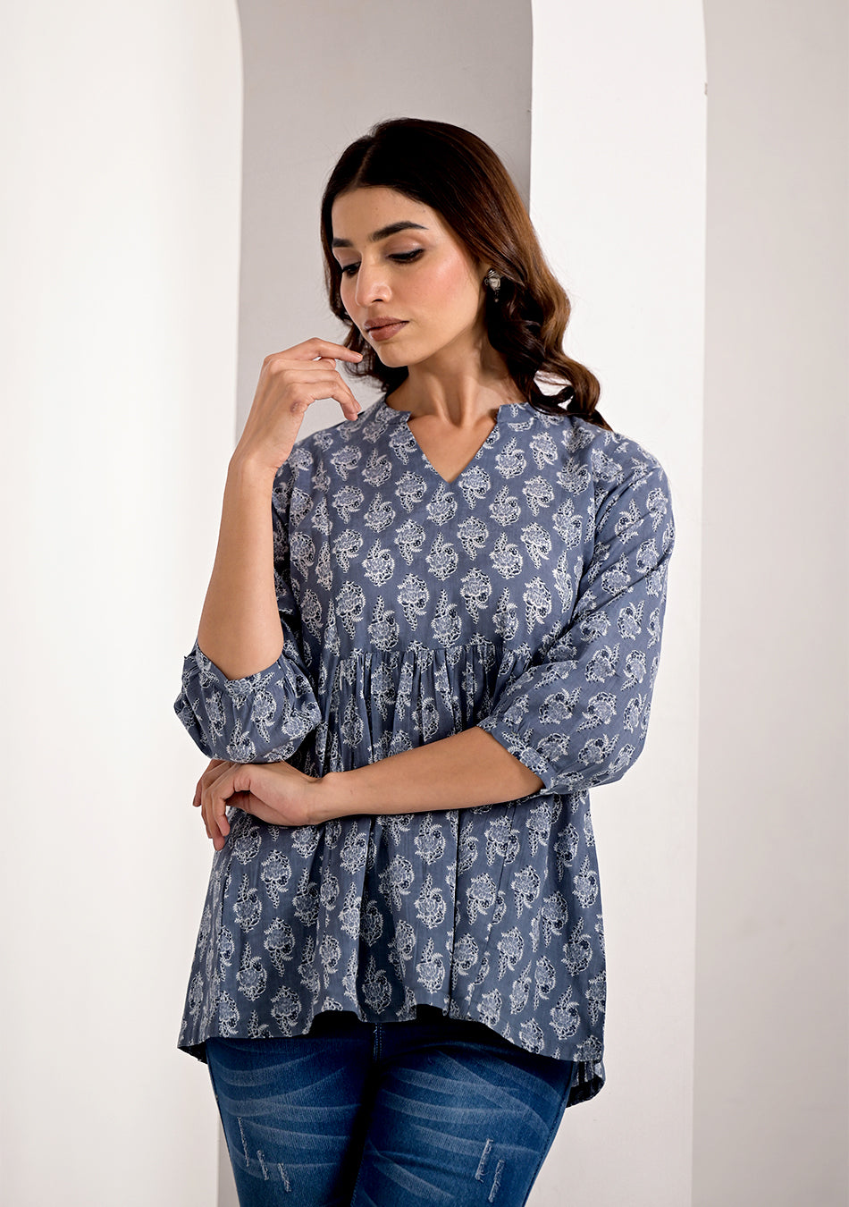 STEEL GREY PRINTED PEPLUM TOP