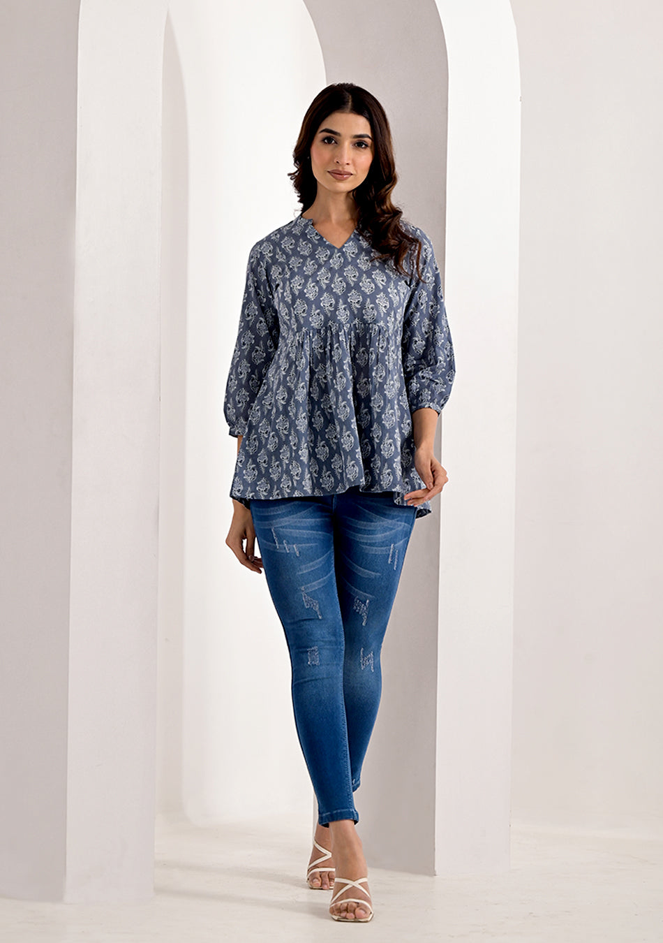 STEEL GREY PRINTED PEPLUM TOP