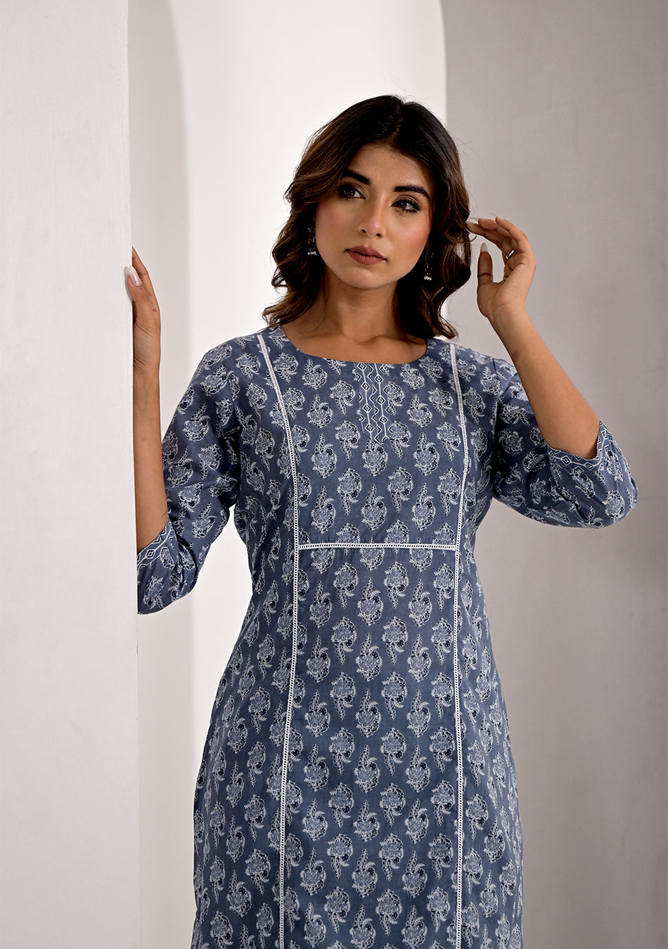 Steel Grey Printed Cotton Kurta with Trouser