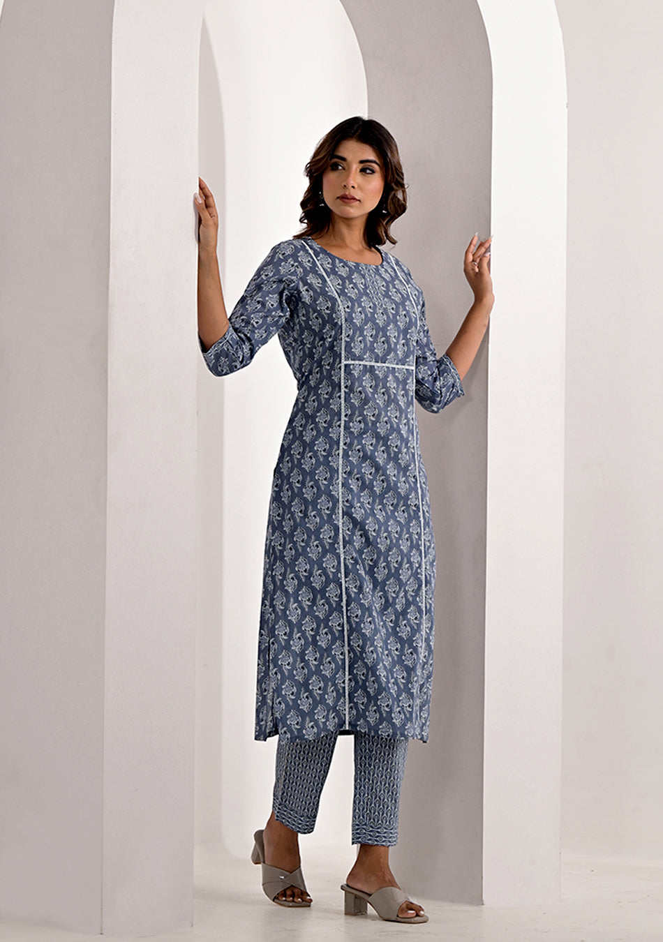 Steel Grey Printed Cotton Kurta with Trouser