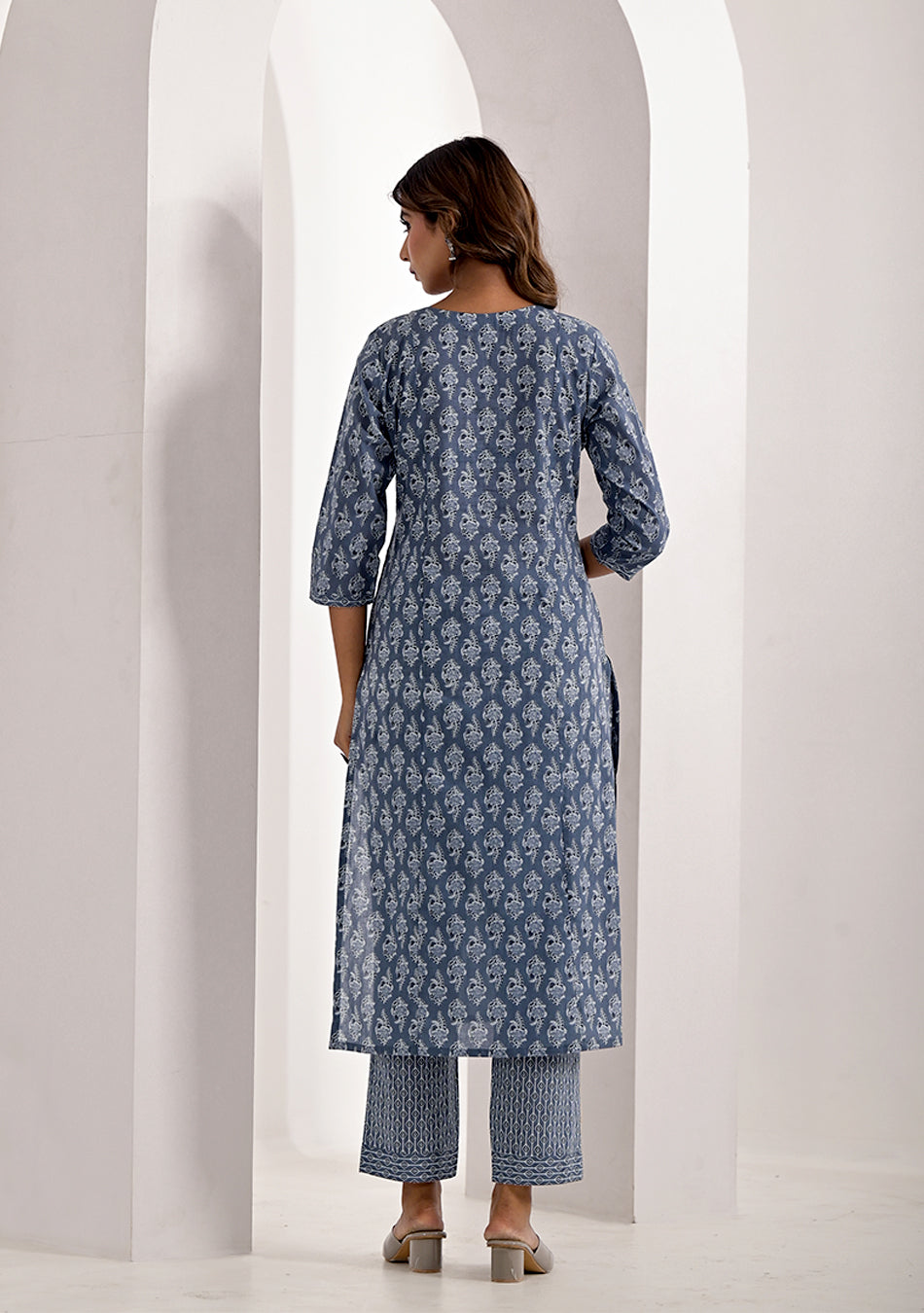Steel Grey Printed Cotton Kurta with Trouser