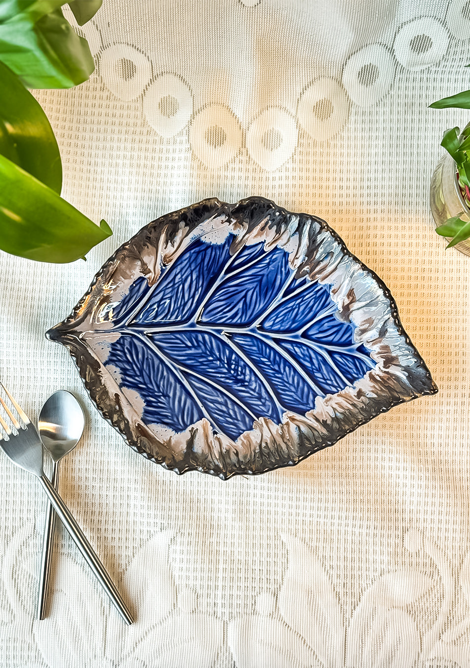 Leaf Blue-Grey Ceramic Platter Set