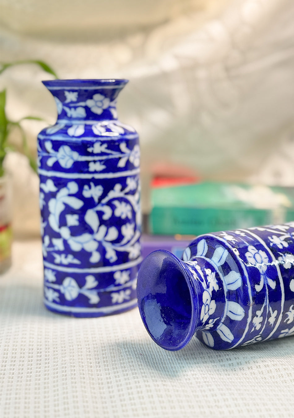 Blue Pottery White Floral Can Vase