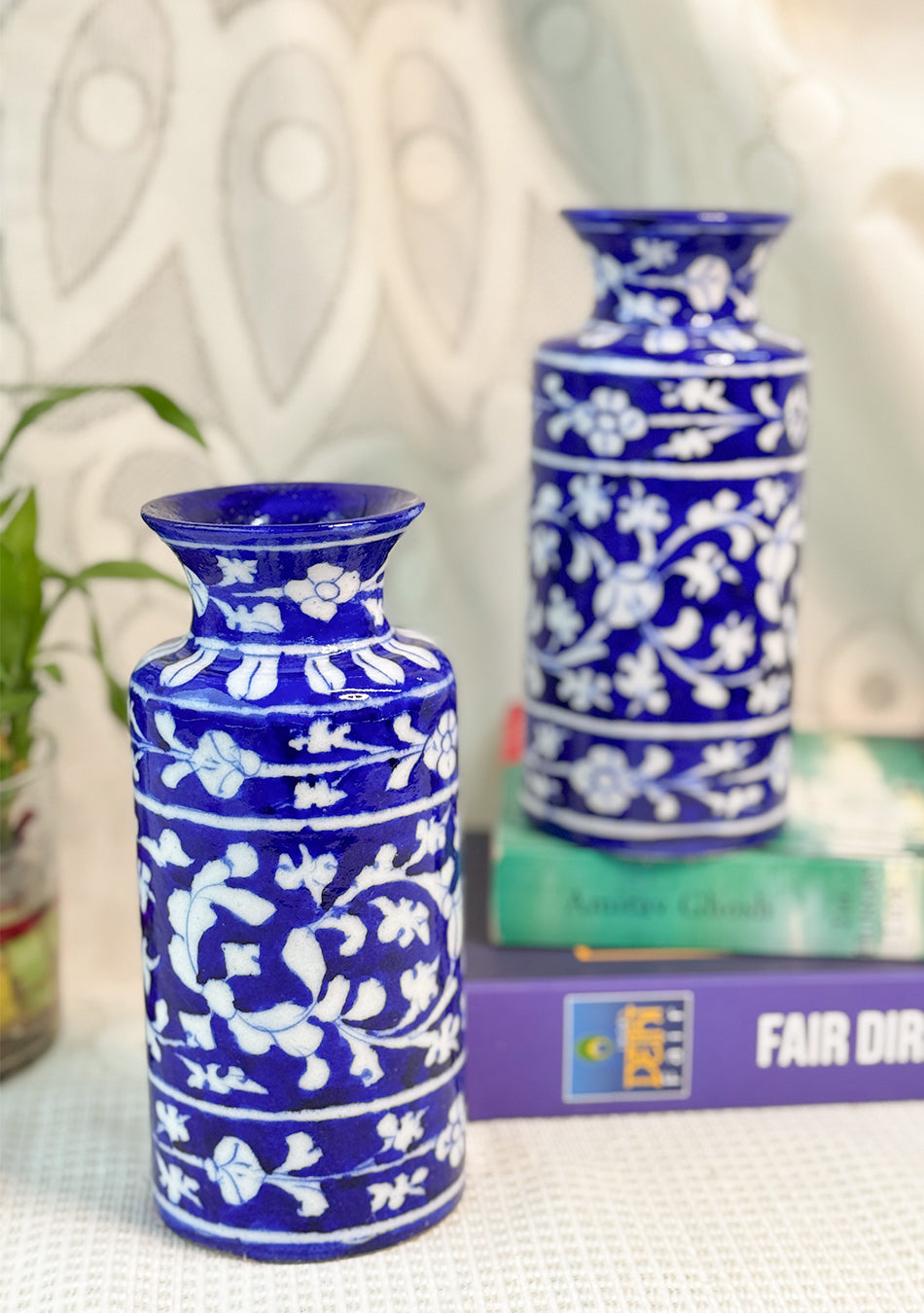 Blue Pottery White Floral Can Vase