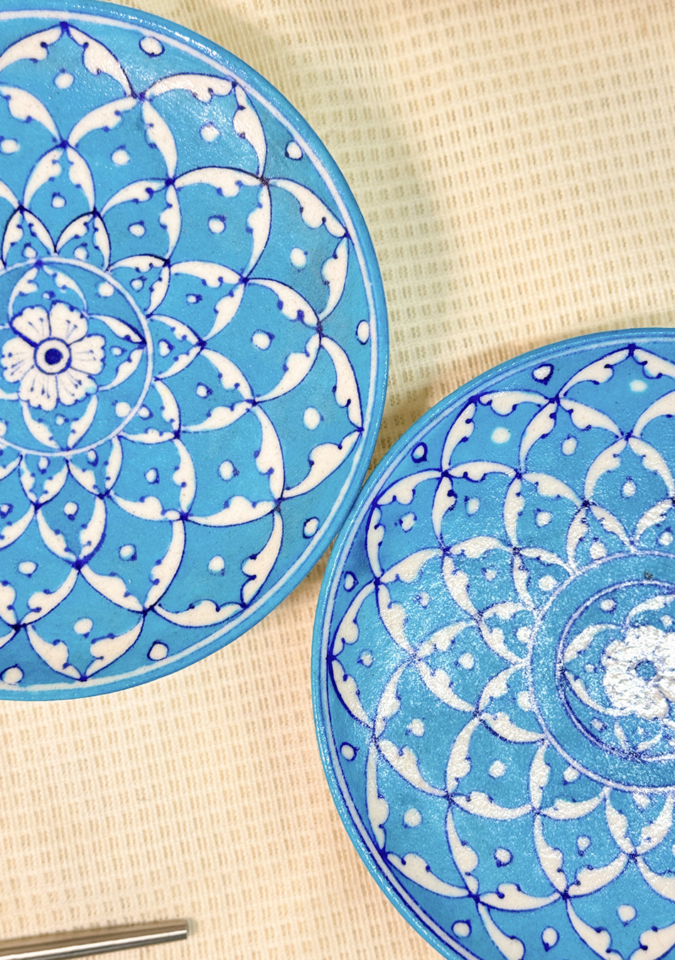 White Flowers Design Handmade Blue Pottery Decorative Platter