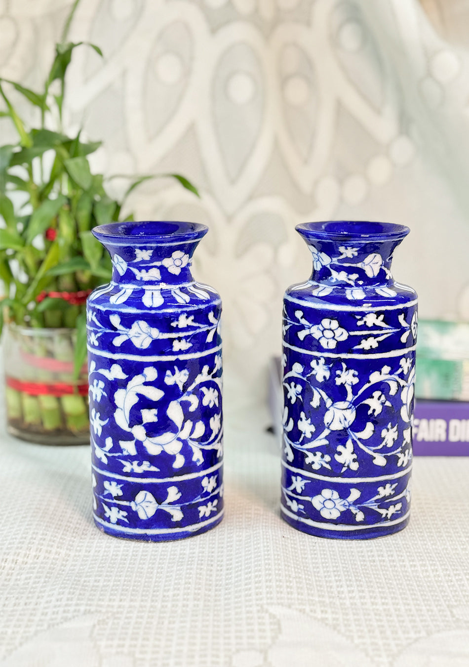 Blue Pottery White Floral Can Vase