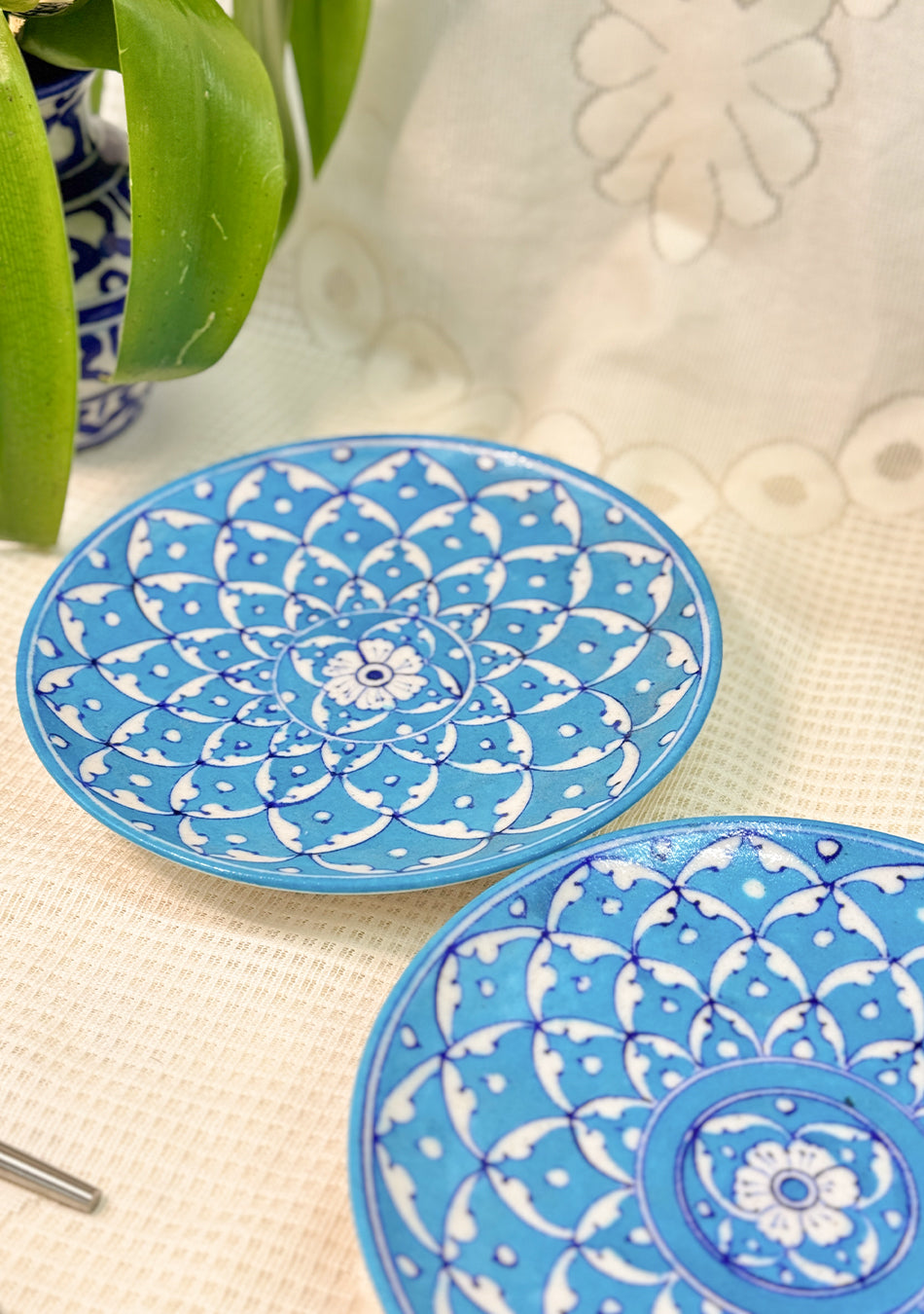 White Flowers Design Handmade Blue Pottery Decorative Platter