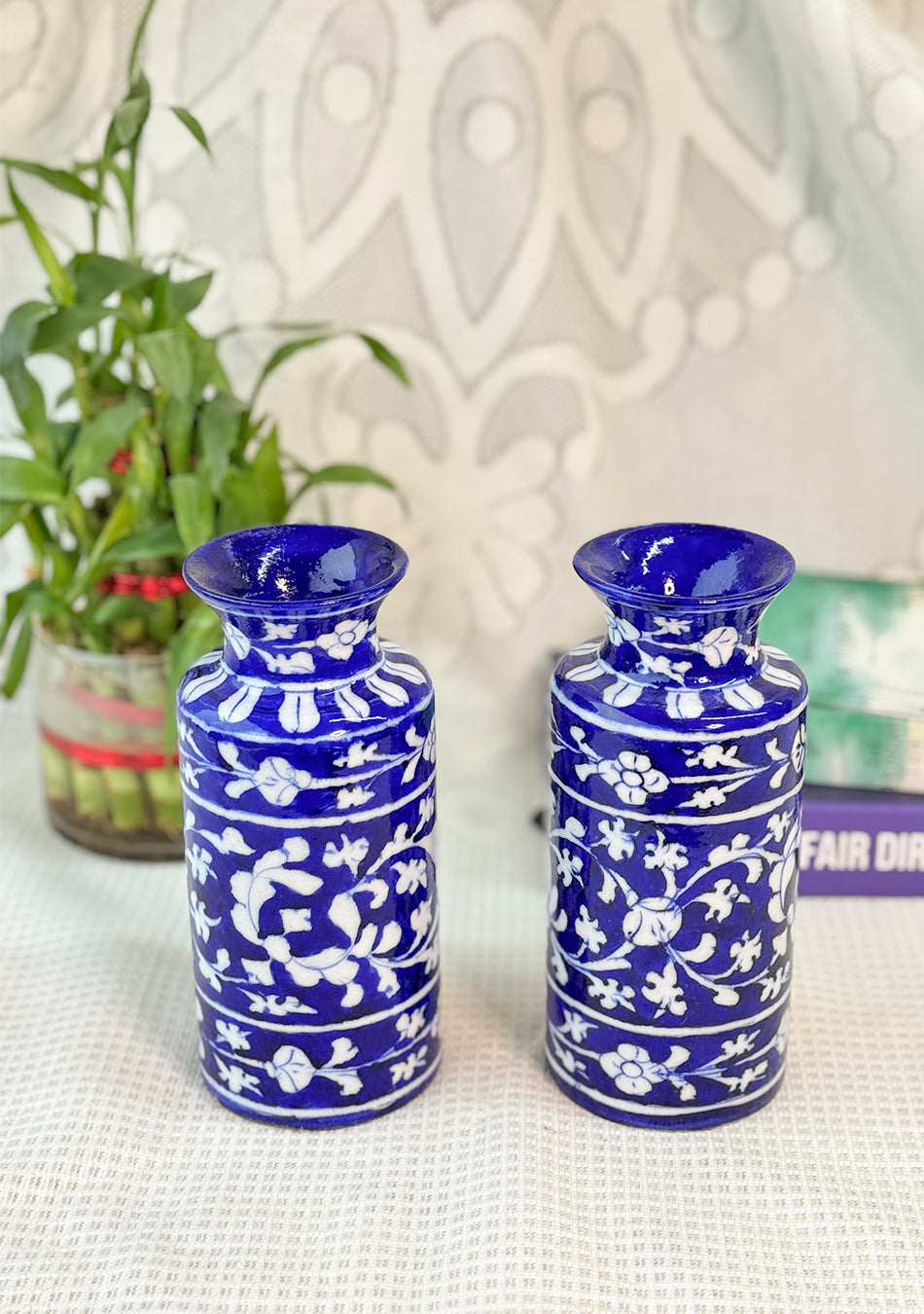 Blue Pottery White Floral Can Vase