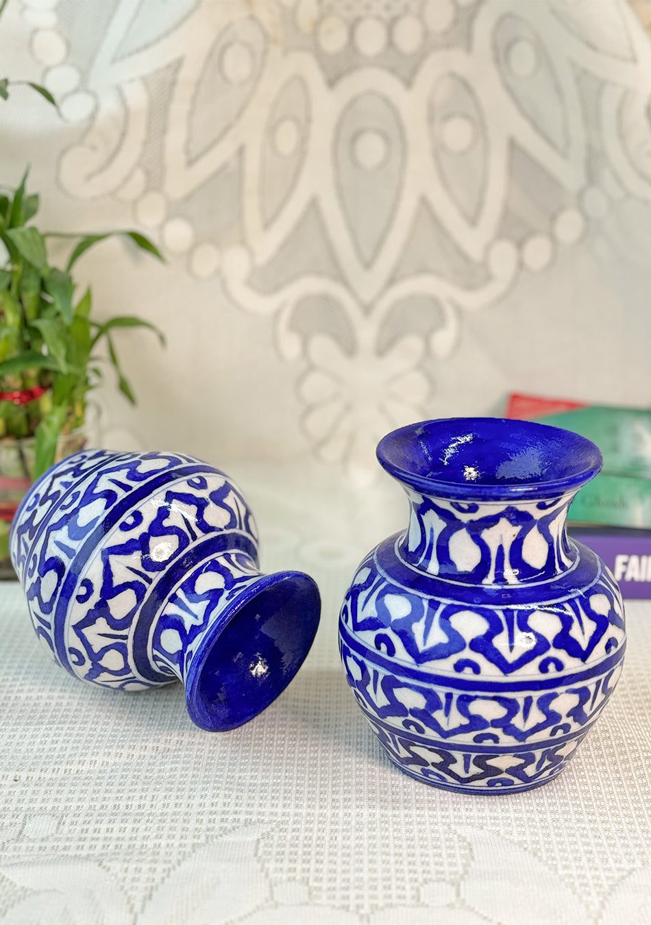 Blue Pottery White Matka Vase