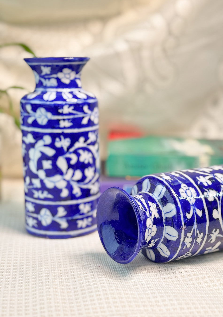 Blue Pottery White Floral Can Vase