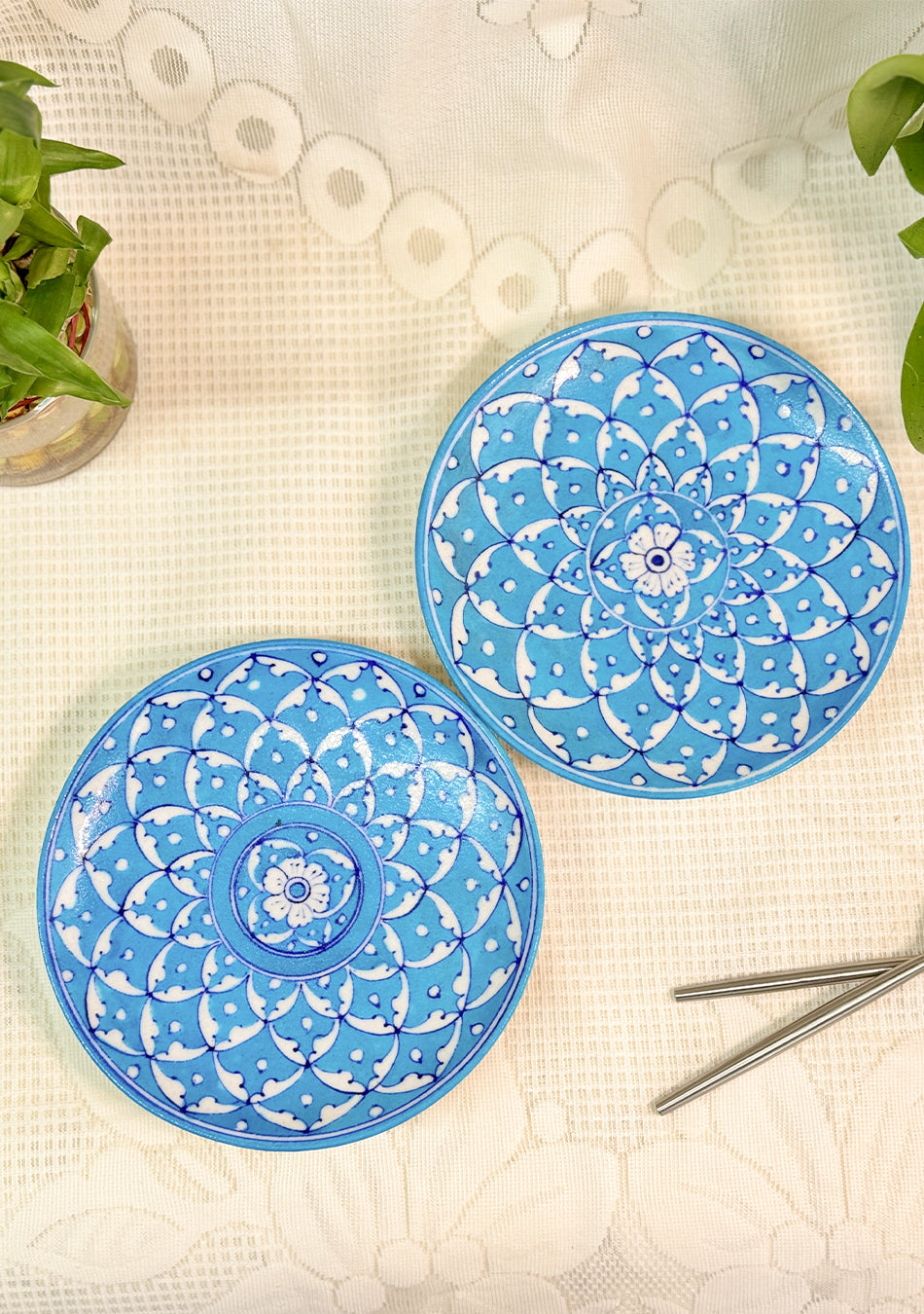White Flowers Design Handmade Blue Pottery Decorative Platter