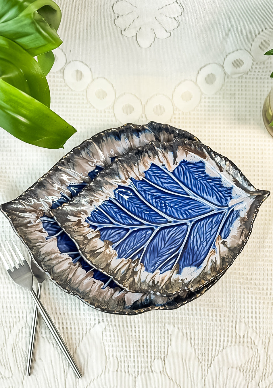 Leaf Blue-Grey Ceramic Platter Set