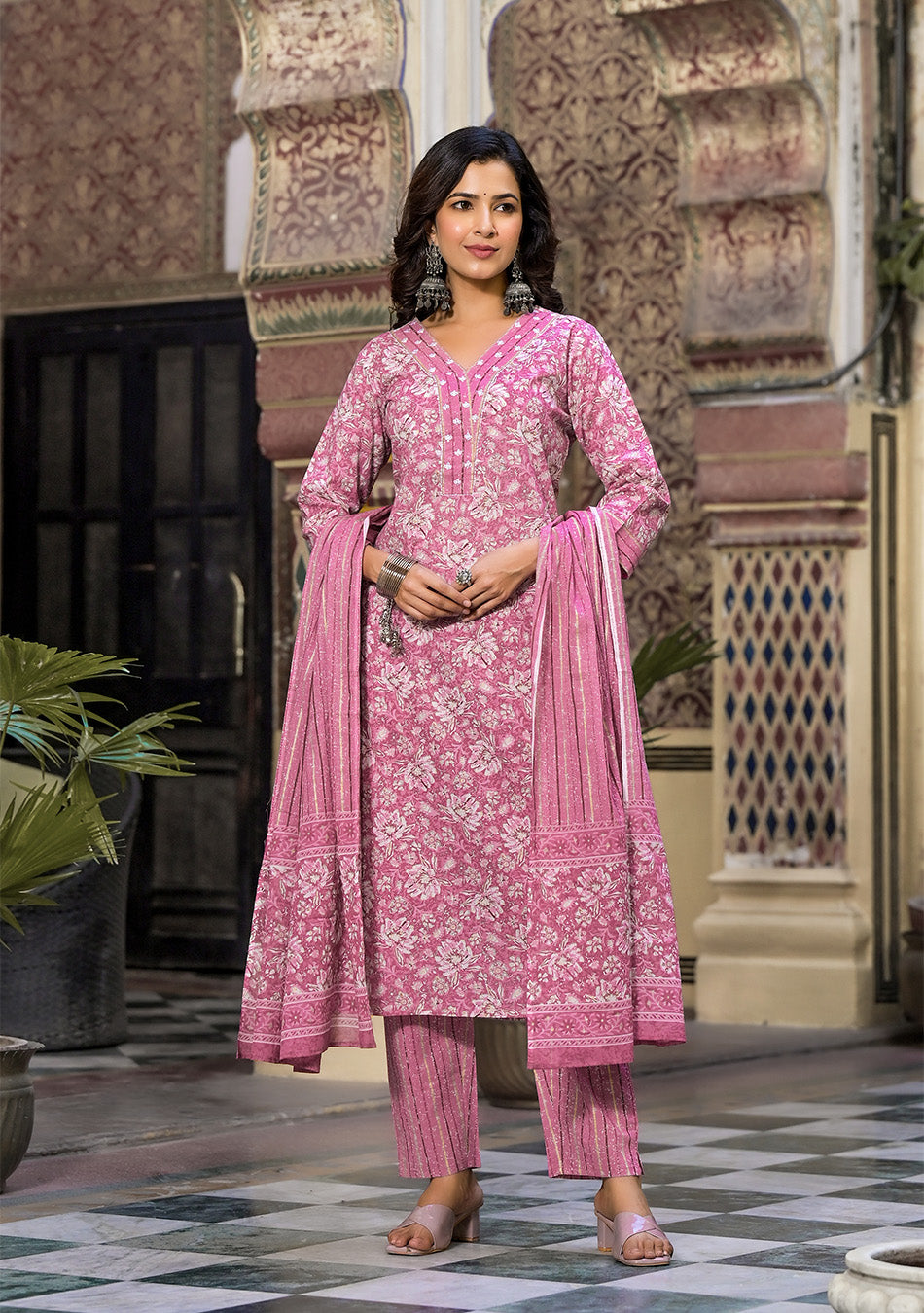 Pink Floral Printed Suit Pant with Dupatta