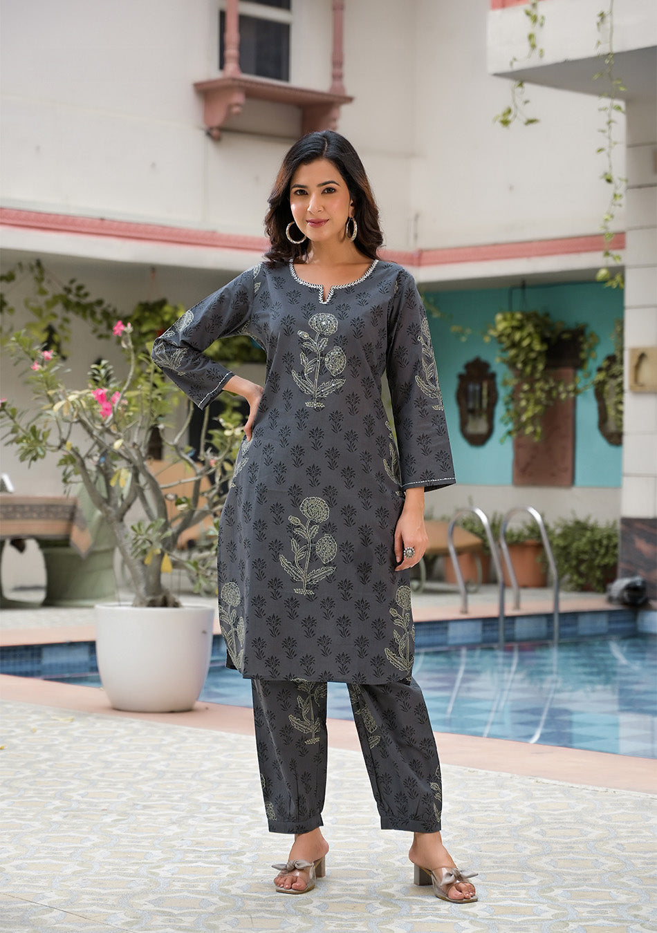 Grey - Sanganeri Block Printed Cotton Co-Ord Set 16