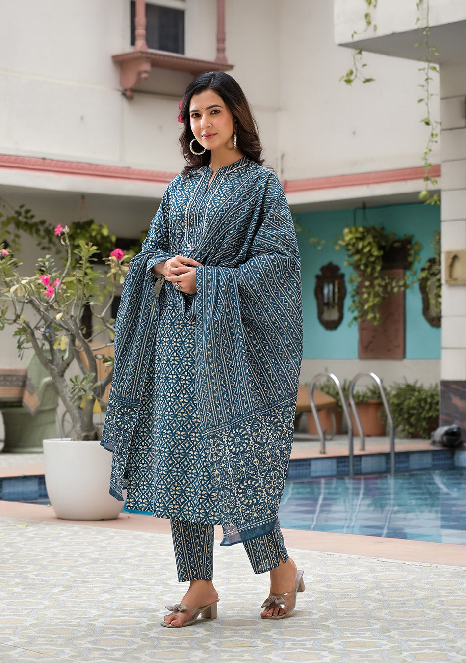 Royal Blue Printed Suit With Dupatta