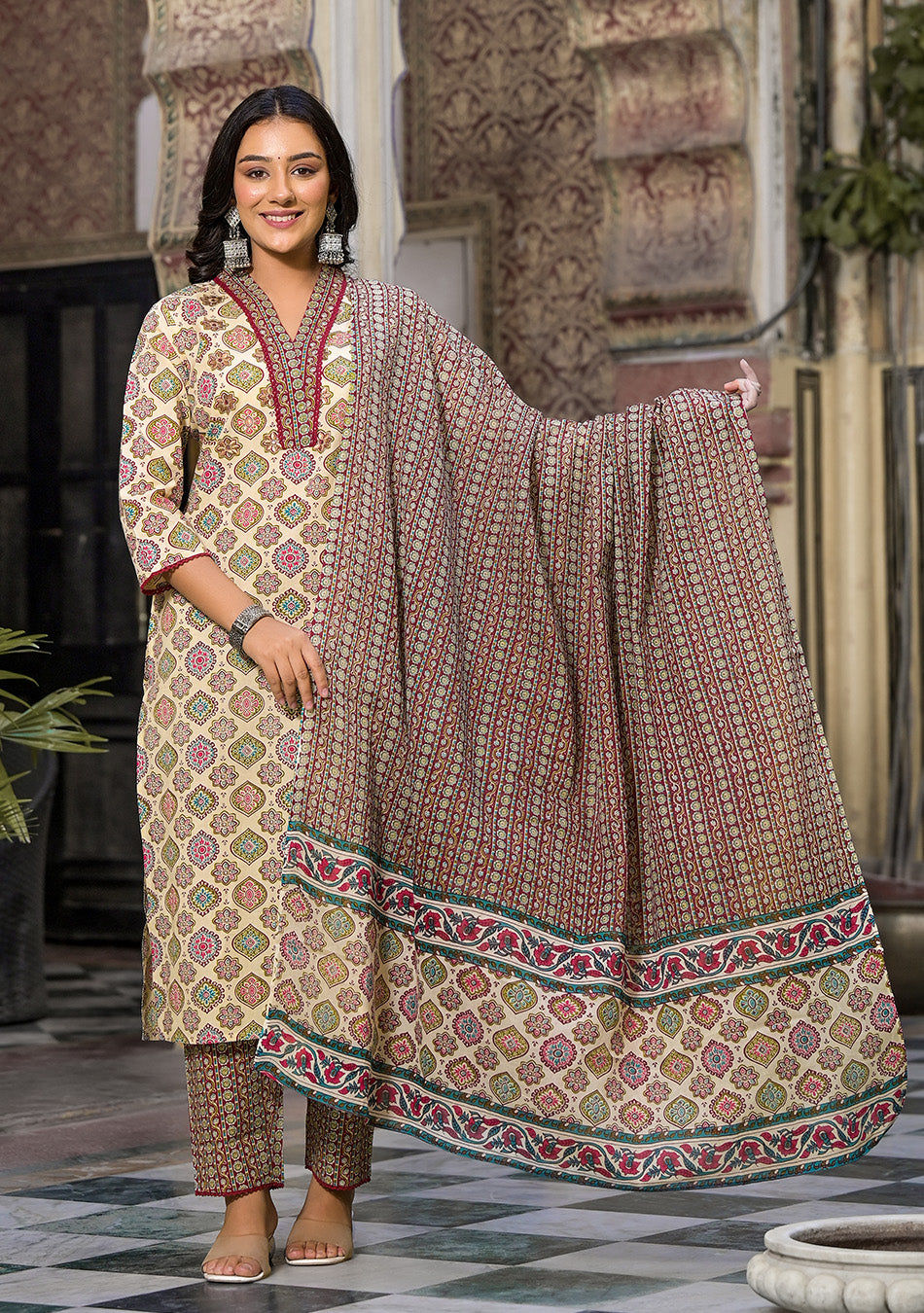 Patterned Beige and Maroon Suit With Dupatta