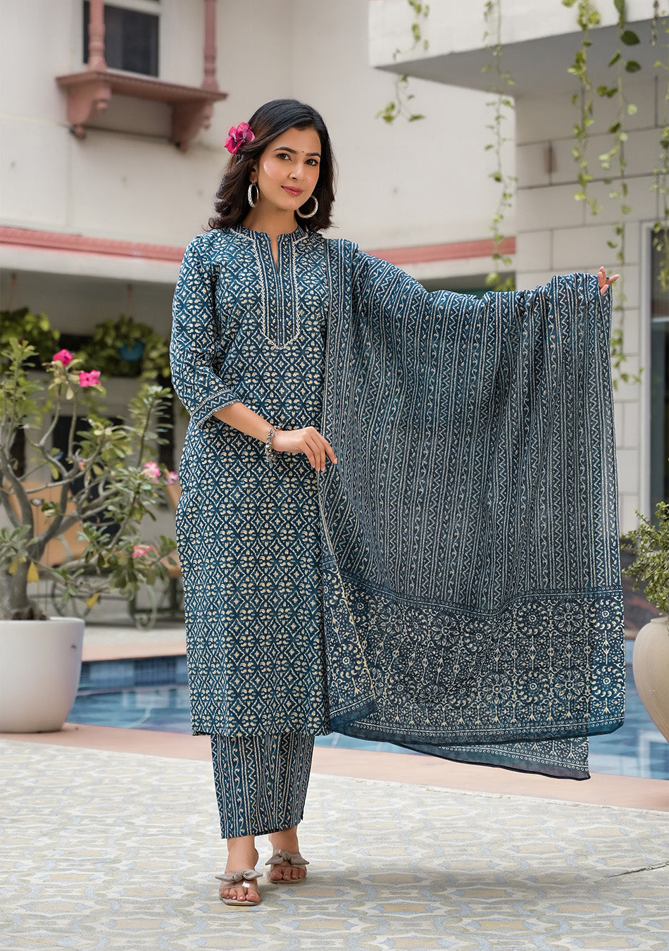 Royal Blue Printed Suit With Dupatta