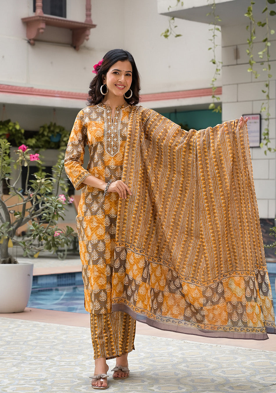 Brown and Mustard Suit Set with Dupatta