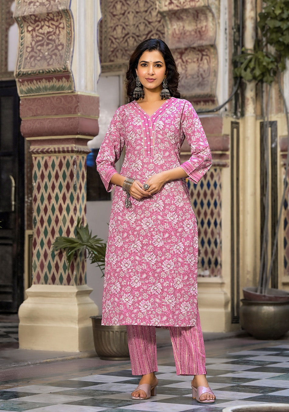 Pink Floral Printed Suit Pant with Dupatta