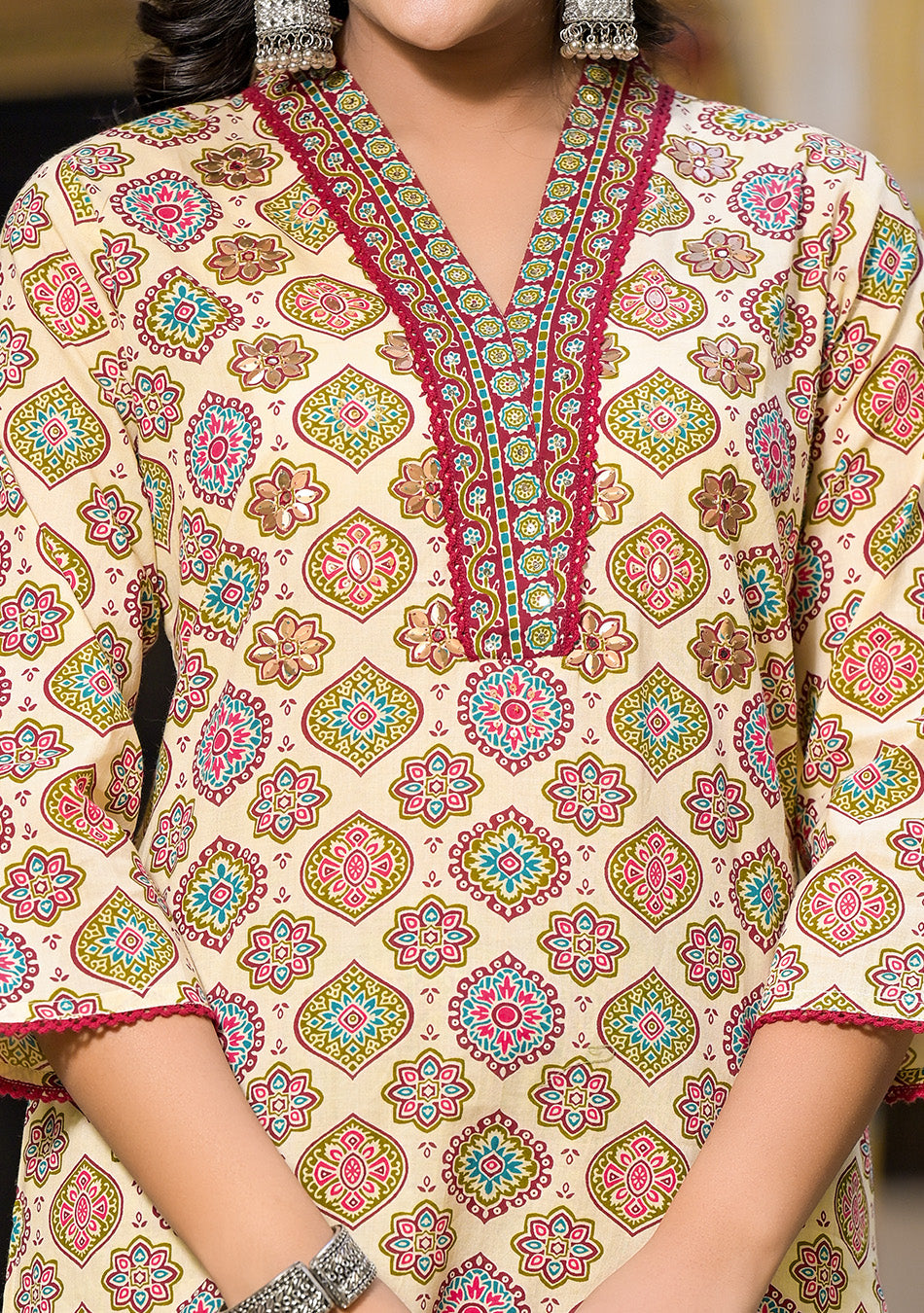 Patterned Beige and Maroon Suit With Dupatta