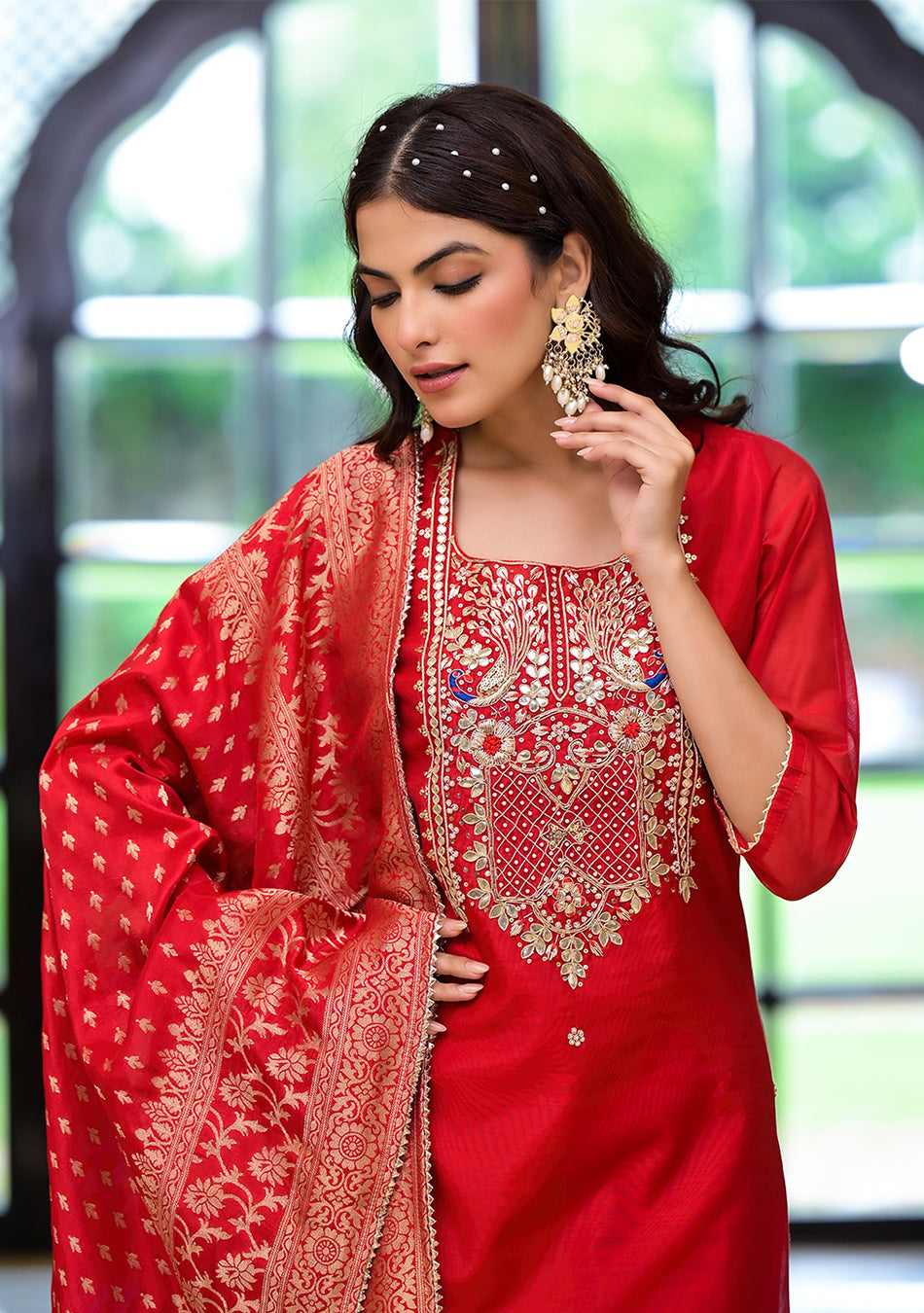 Red Embroidered Chanderi Silk Kurta pants with Banarashi Dupatta