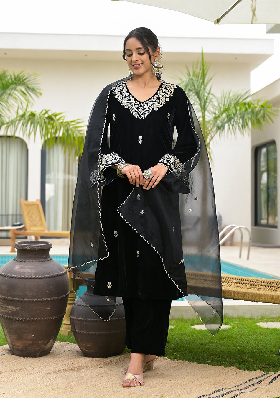 Embroidered Black Velvet Kurta Pant Dupatta Set