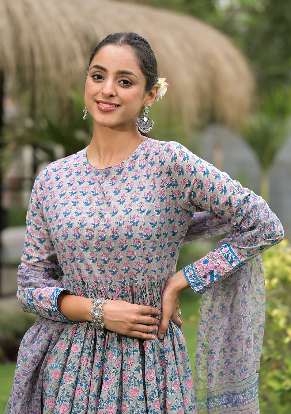 Floral Printed Round Neck Pure Cotton Anarkali Kurta With Trousers & Dupatta