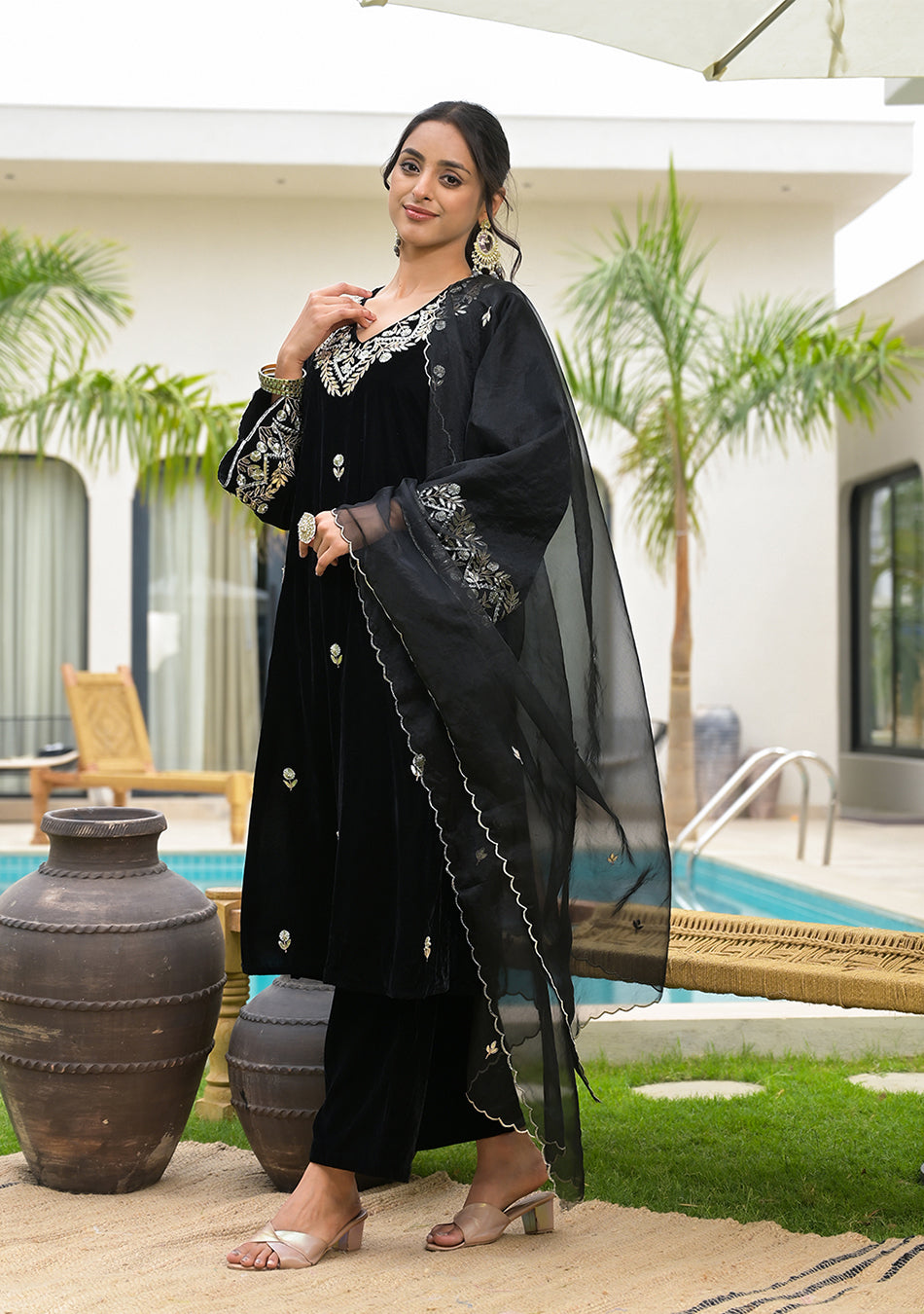 Embroidered Black Velvet Kurta Pant Dupatta Set