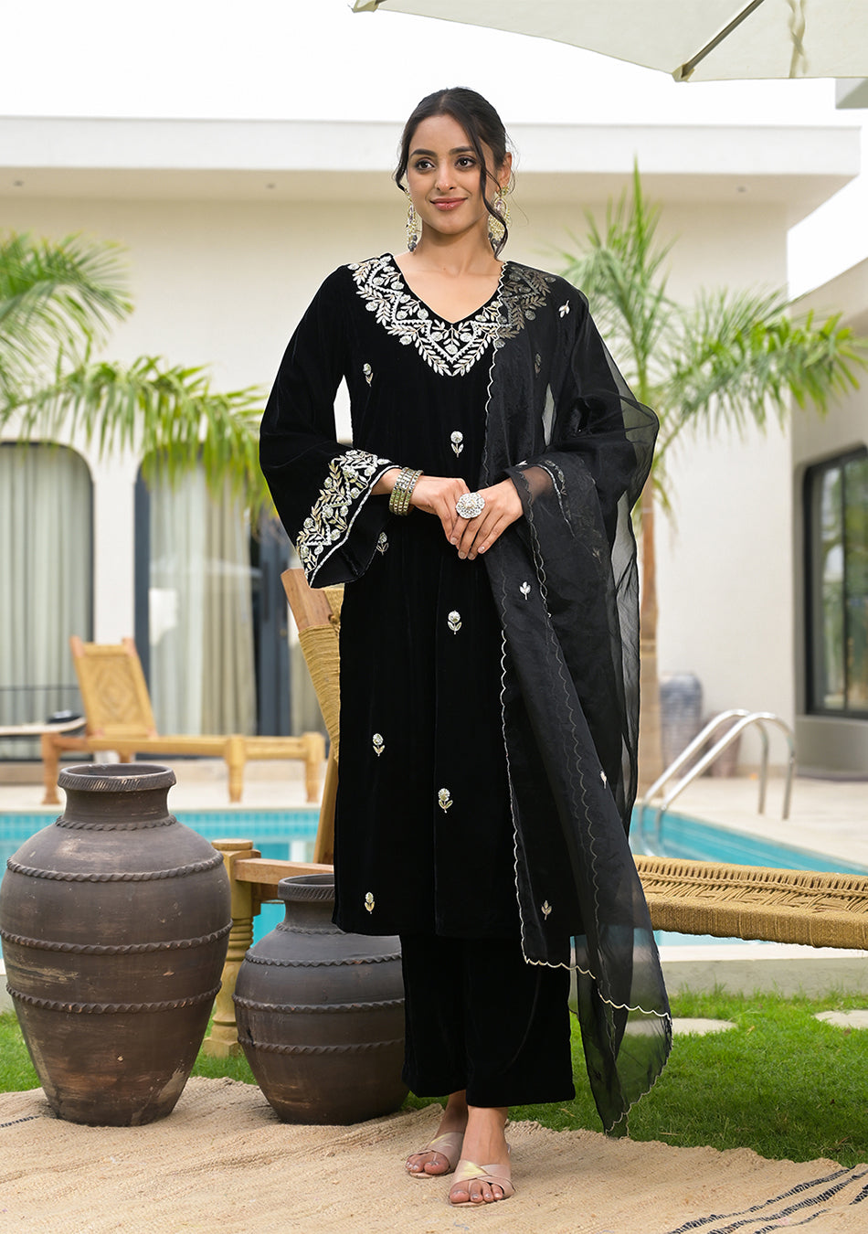 Embroidered Black Velvet Kurta Pant Dupatta Set