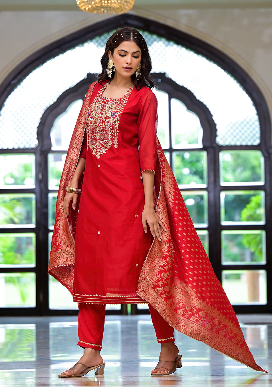Red Embroidered Chanderi Silk Kurta pants with Banarashi Dupatta