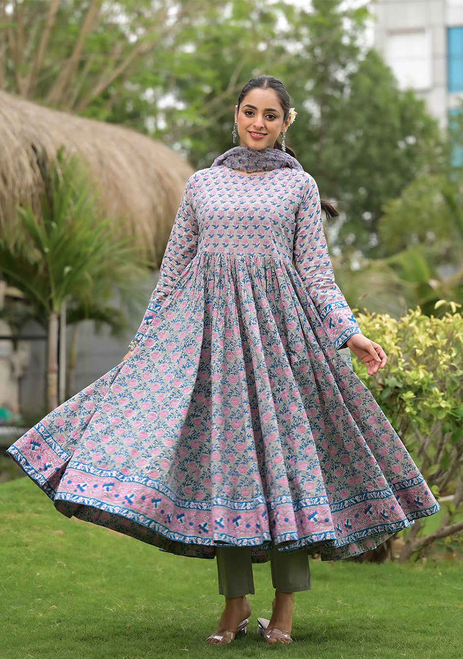 Floral Printed Round Neck Pure Cotton Anarkali Kurta With Trousers & Dupatta
