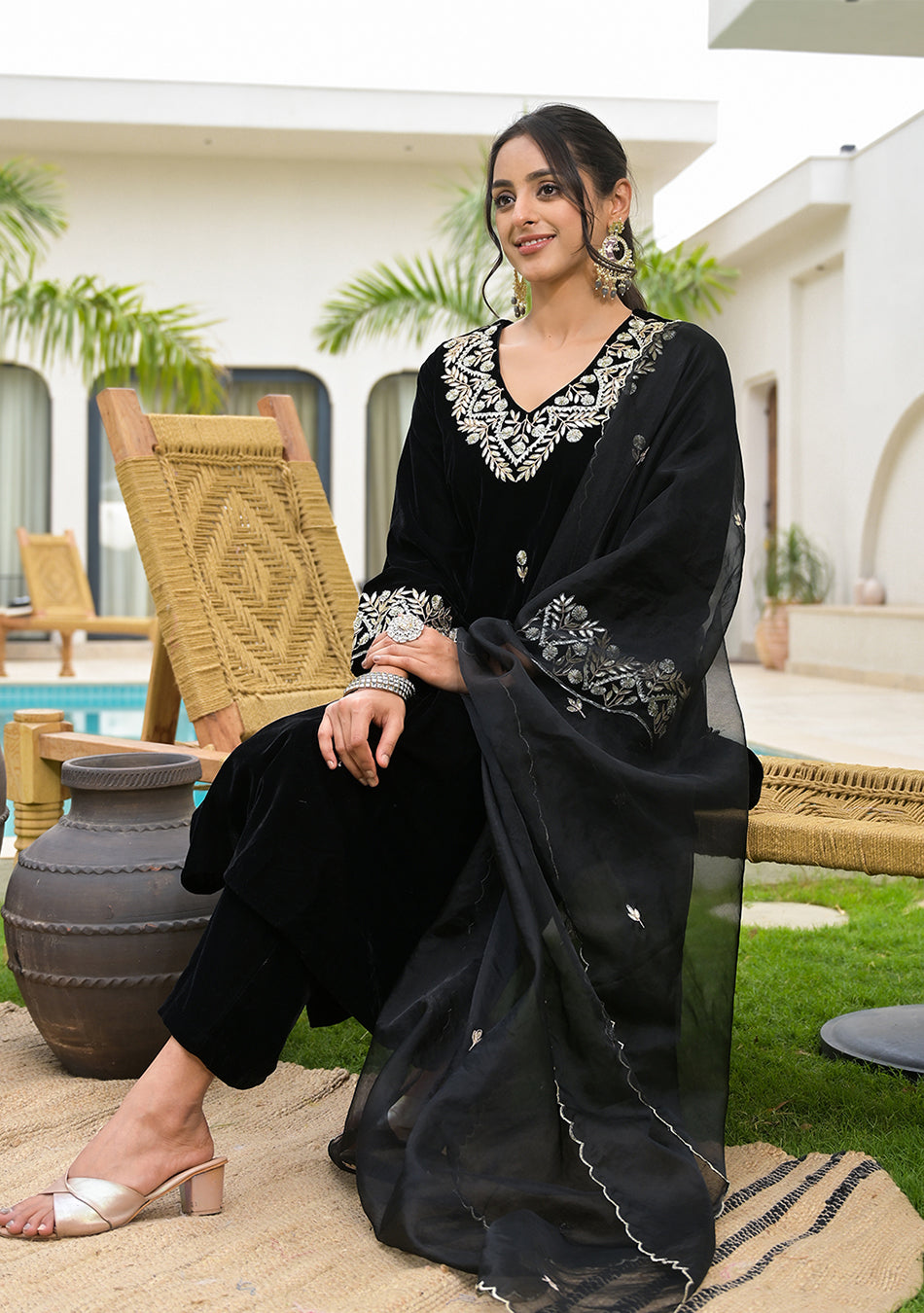 Embroidered Black Velvet Kurta Pant Dupatta Set