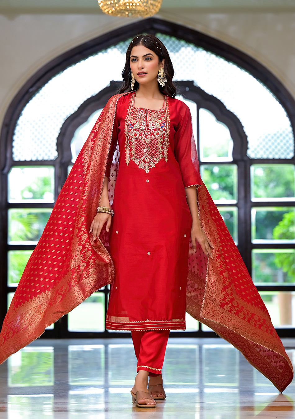 Red Embroidered Chanderi Silk Kurta pants with Banarashi Dupatta