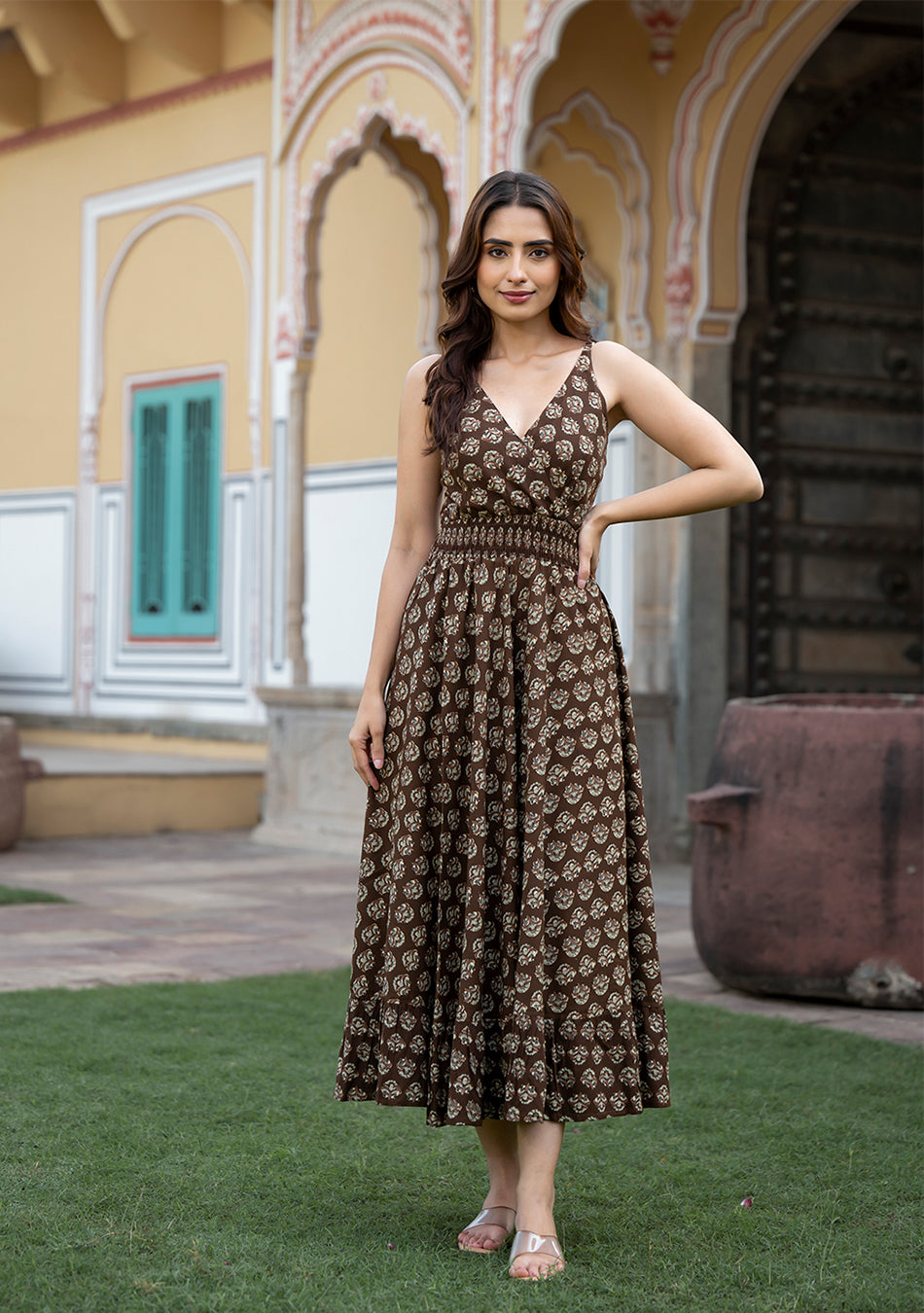 Brown Floral Print Pure Cotton Fit & Flare Dress