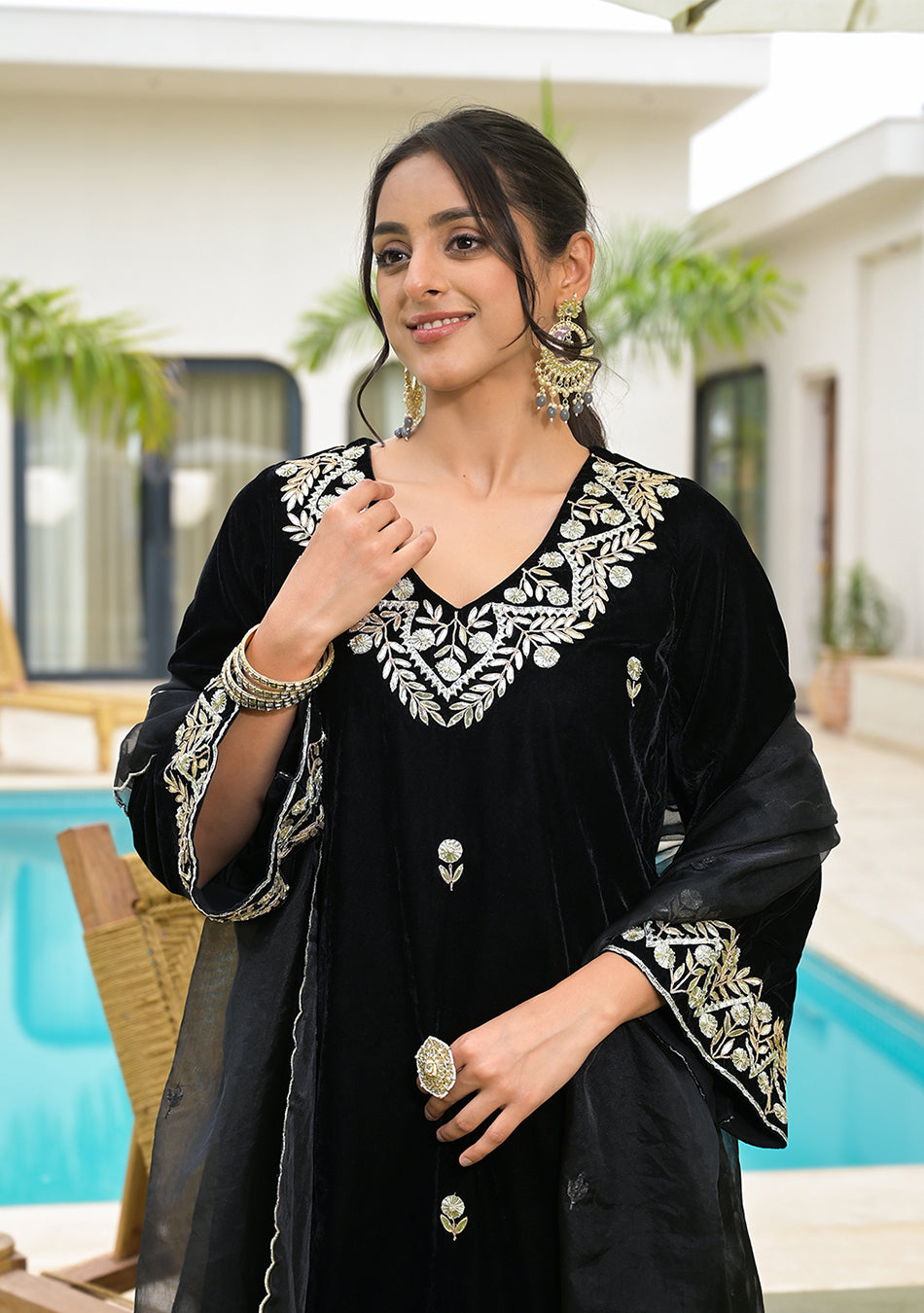 Embroidered Black Velvet Kurta Pant Dupatta Set