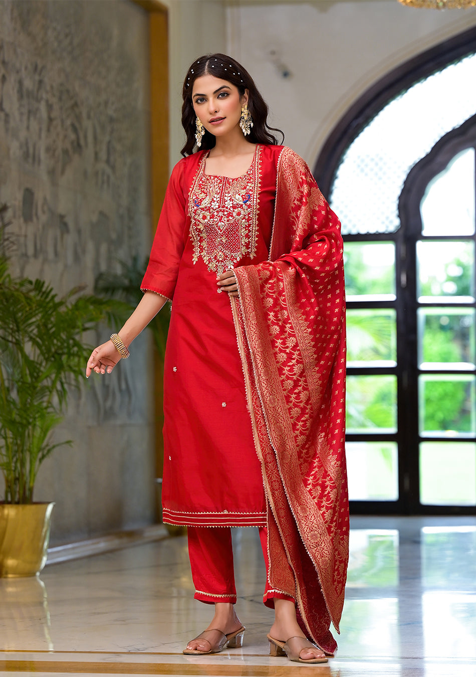 Red Embroidered Chanderi Silk Kurta pants with Banarashi Dupatta