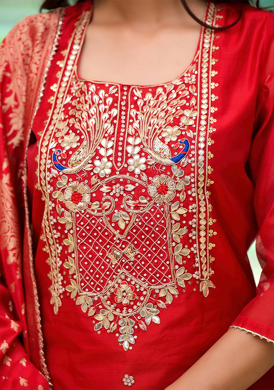 Red Embroidered Chanderi Silk Kurta pants with Banarashi Dupatta