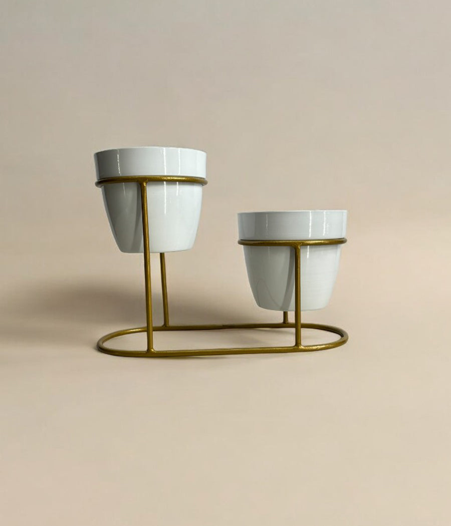 Twin Ivory Pots with Golden Stand