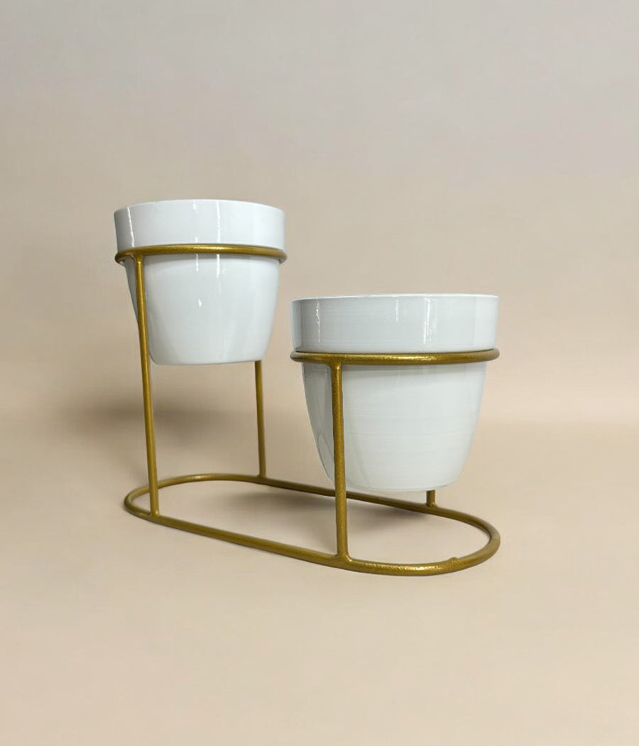 Twin Ivory Pots with Golden Stand
