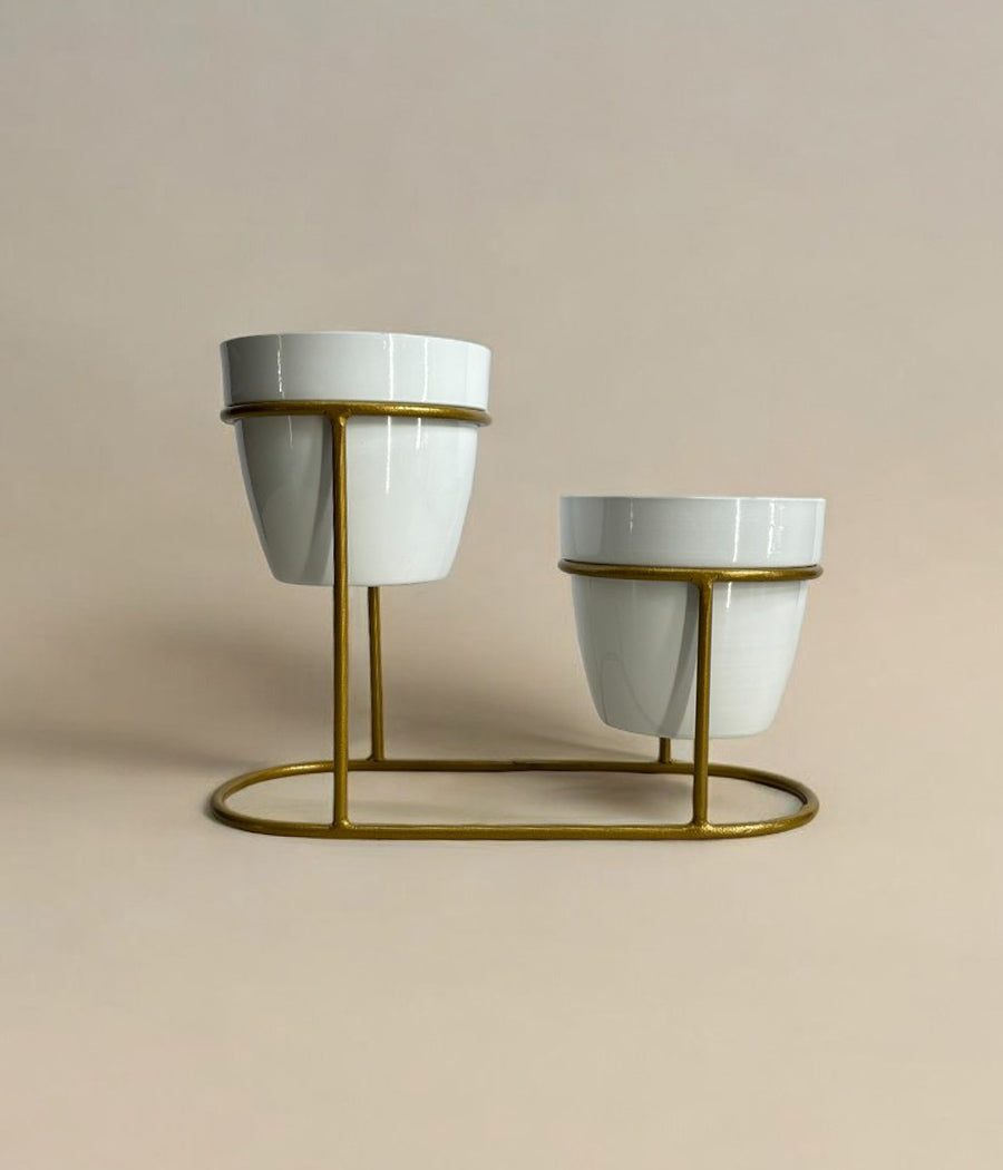 Twin Ivory Pots with Golden Stand