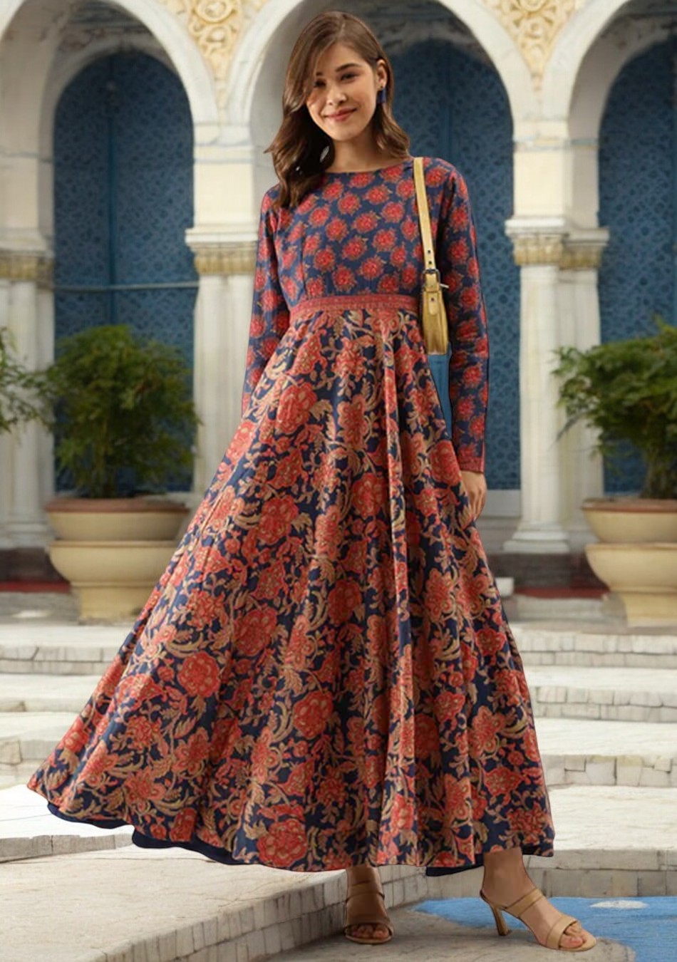 Women'S Surpassing Orange Partywear Floral Printed Anarkali Kurta Dupatta  - Miravan main image 0