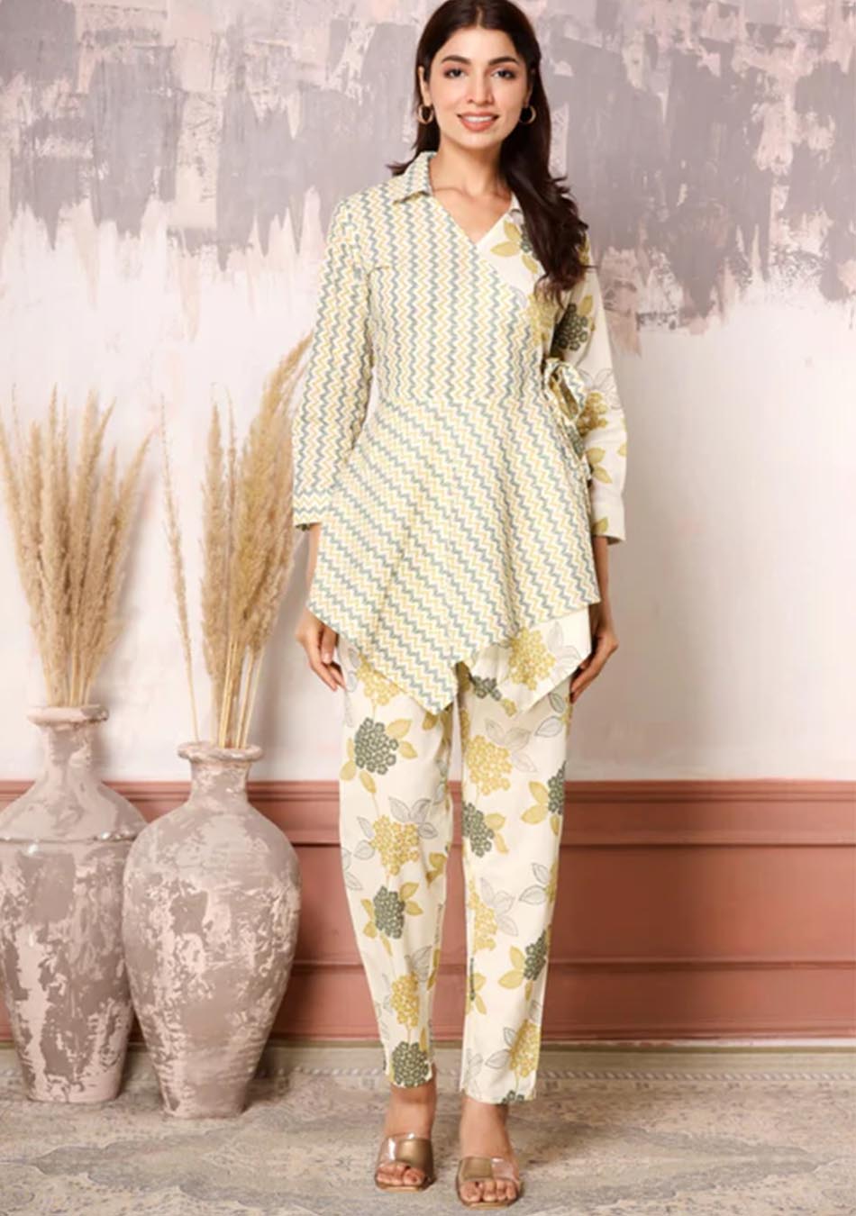 Zig Zag Floral Mustard & White Kurta and Pants