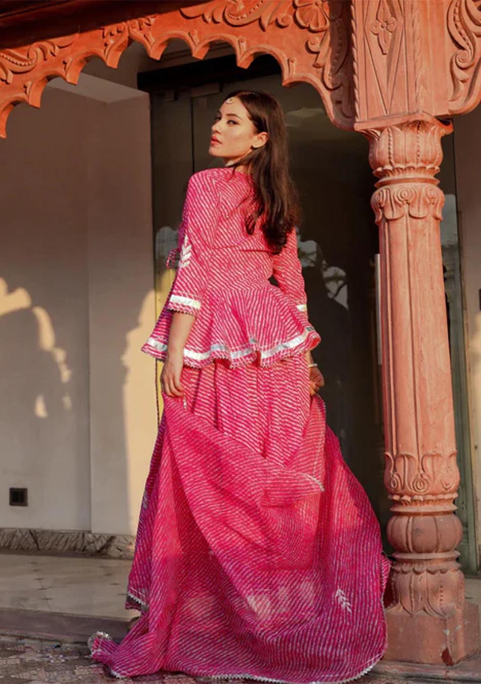 Aravalii Pink Lehriya Cotton Peplum Lehenga Set