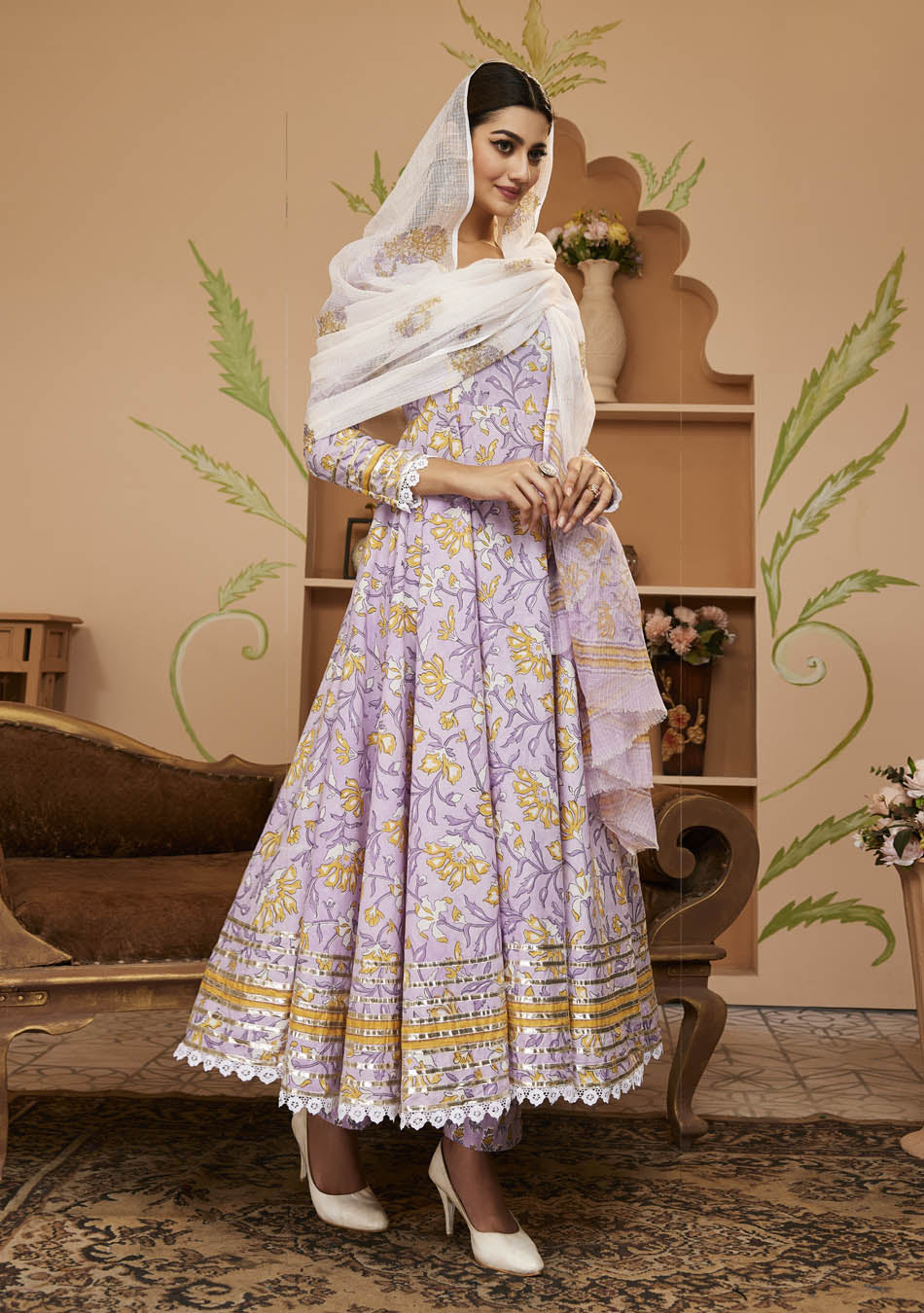 Handblock Printed Purple Anarkali Cotton Kurta With Trousers & Dupatta