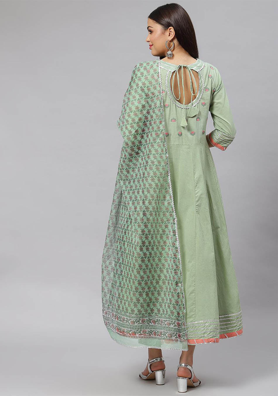 Solid Green Anarkali Kurta Pant Set with Kota doria dupatta