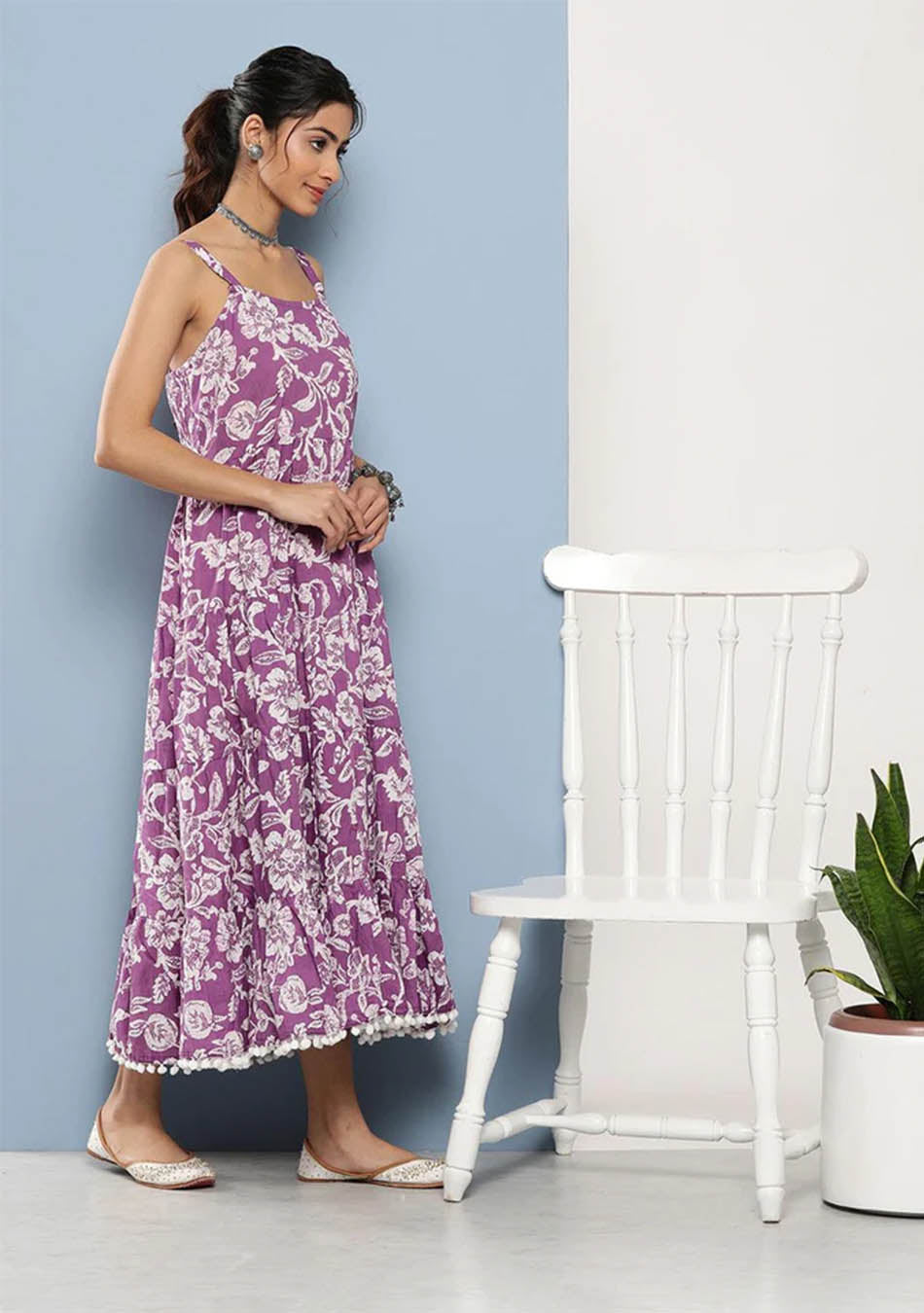 Purple Floral Shoulder Strip Long Dress