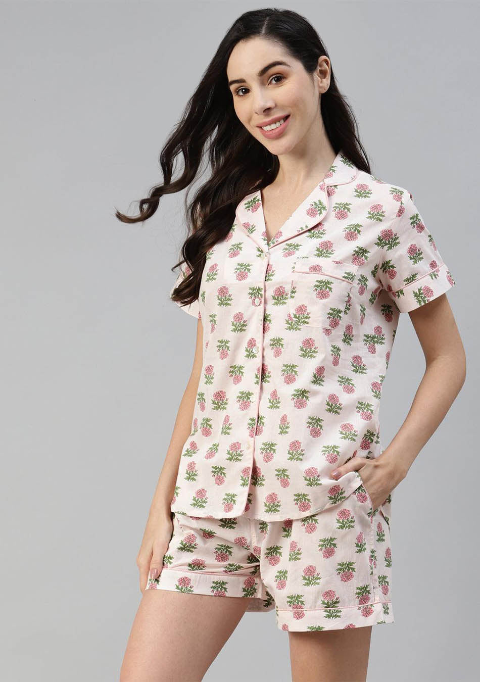 Baby pink Cotton Floral Print Night Suit